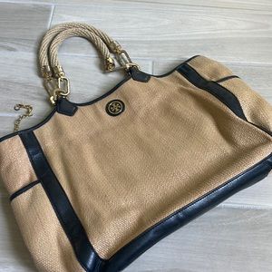 Tory Burch tote bag. Woven with black trim.